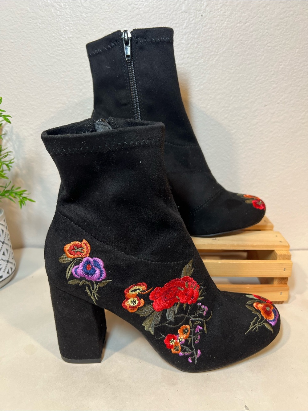 MIA Jordenn Black Suede-Look Heeled Ankle Boots | Multicolor Floral Embroidery